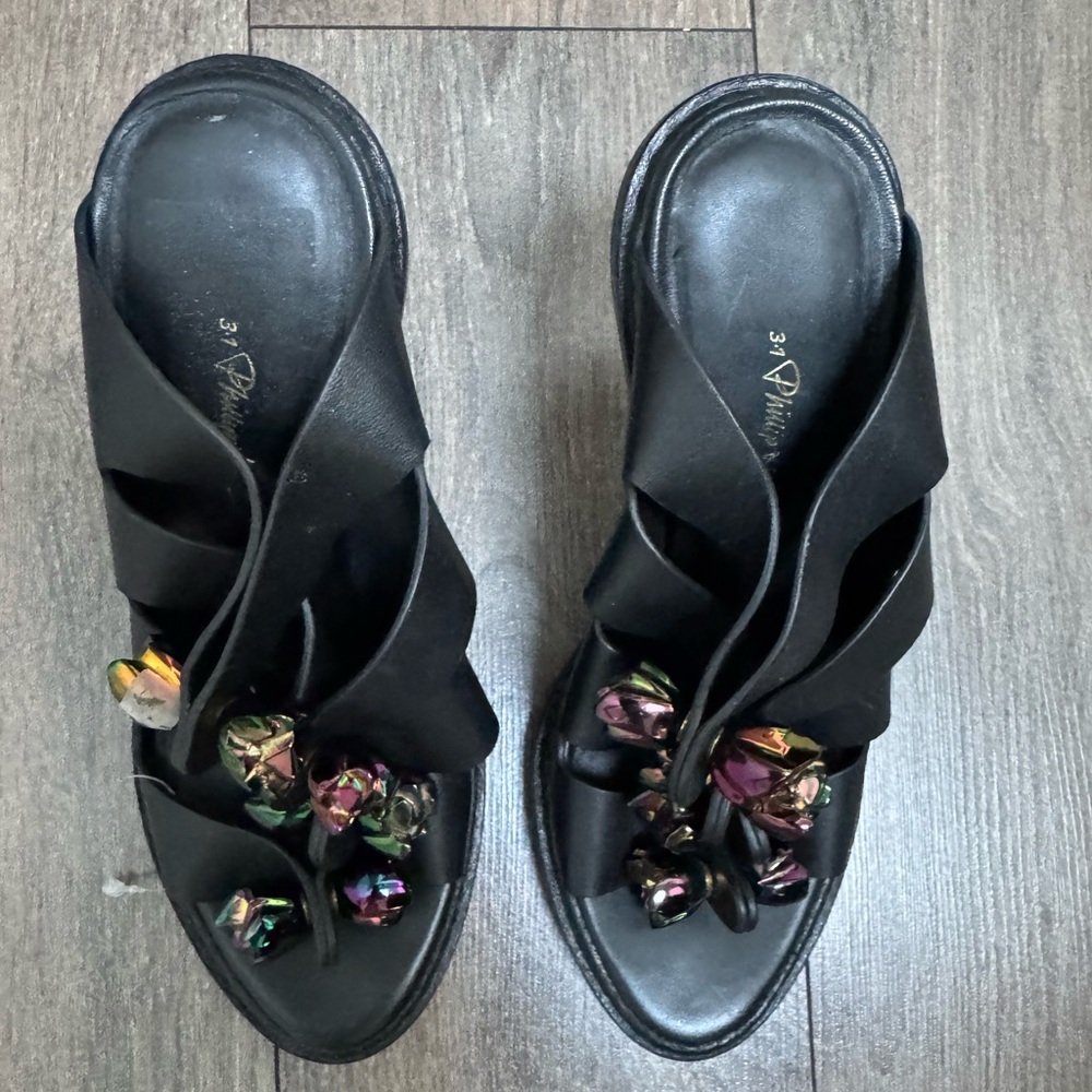 3.1 Phillip Lim Black Sandals with Floral Embellishments